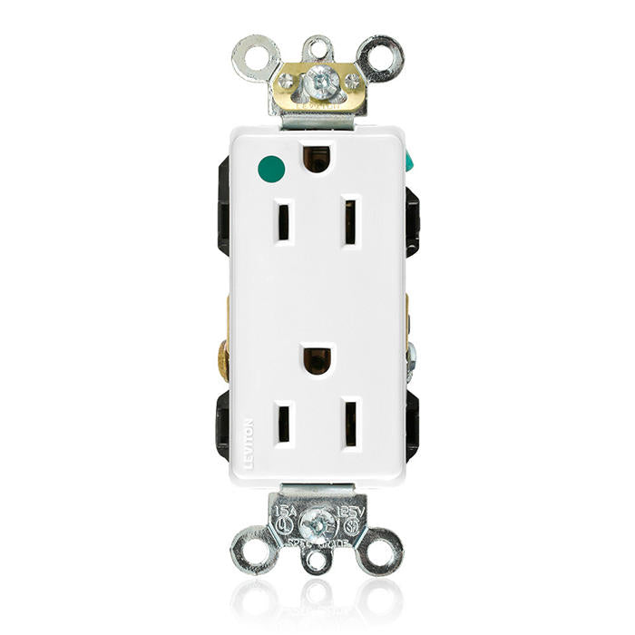Leviton 16262-HGW Hospital-Grade Decora Duplex Receptacle, 15A, Self-Grounding (White)
