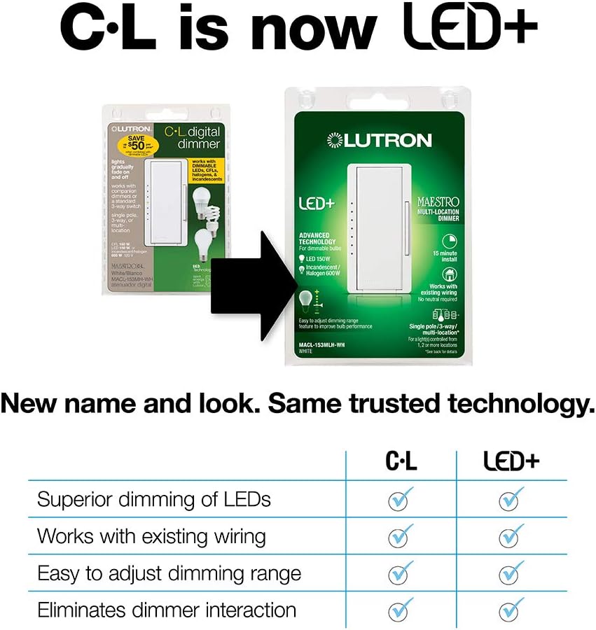 Lutron MACL-153M-WH-C Maestro LED+ Dimmer Switch Single-Pole or Multi-Location White