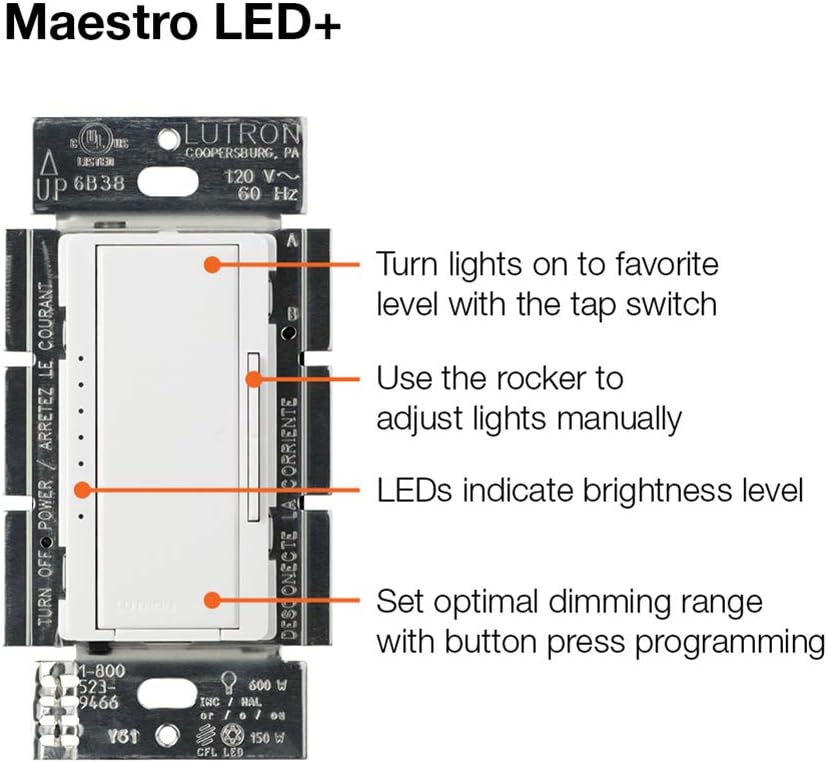 Lutron MACL-153M-WH-C Maestro LED+ Dimmer Switch Single-Pole or Multi-Location White