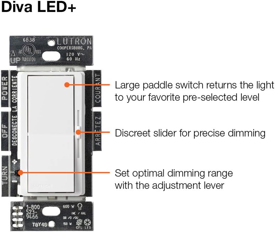 Lutron DVCL-153PH-WHC Diva LED+ Dimmer Switch, Single Pole or 3-Way, White