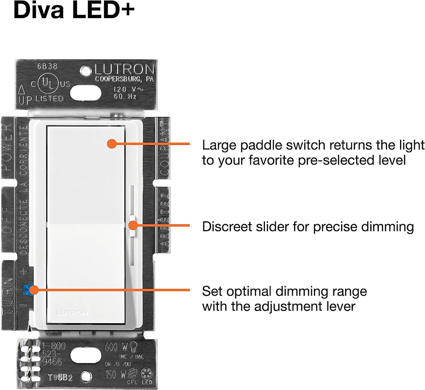 Lutron DVCL-153PH-WHC Diva LED+ Dimmer Switch, Single Pole or 3-Way, White