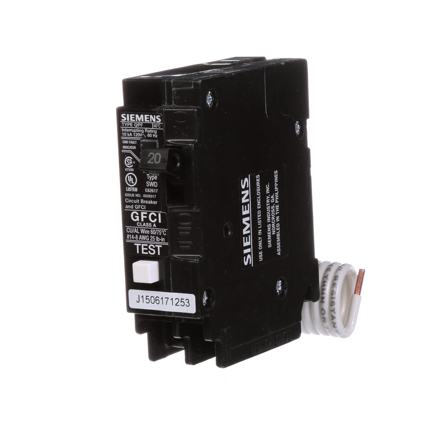 QF120ACSA - Siemens 20 Amp Single Pole Ground Fault (GFCI) Circuit Breaker