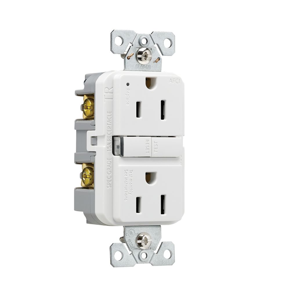 Eaton Arc Fault Receptacle/Outlet, 15A, White, angled