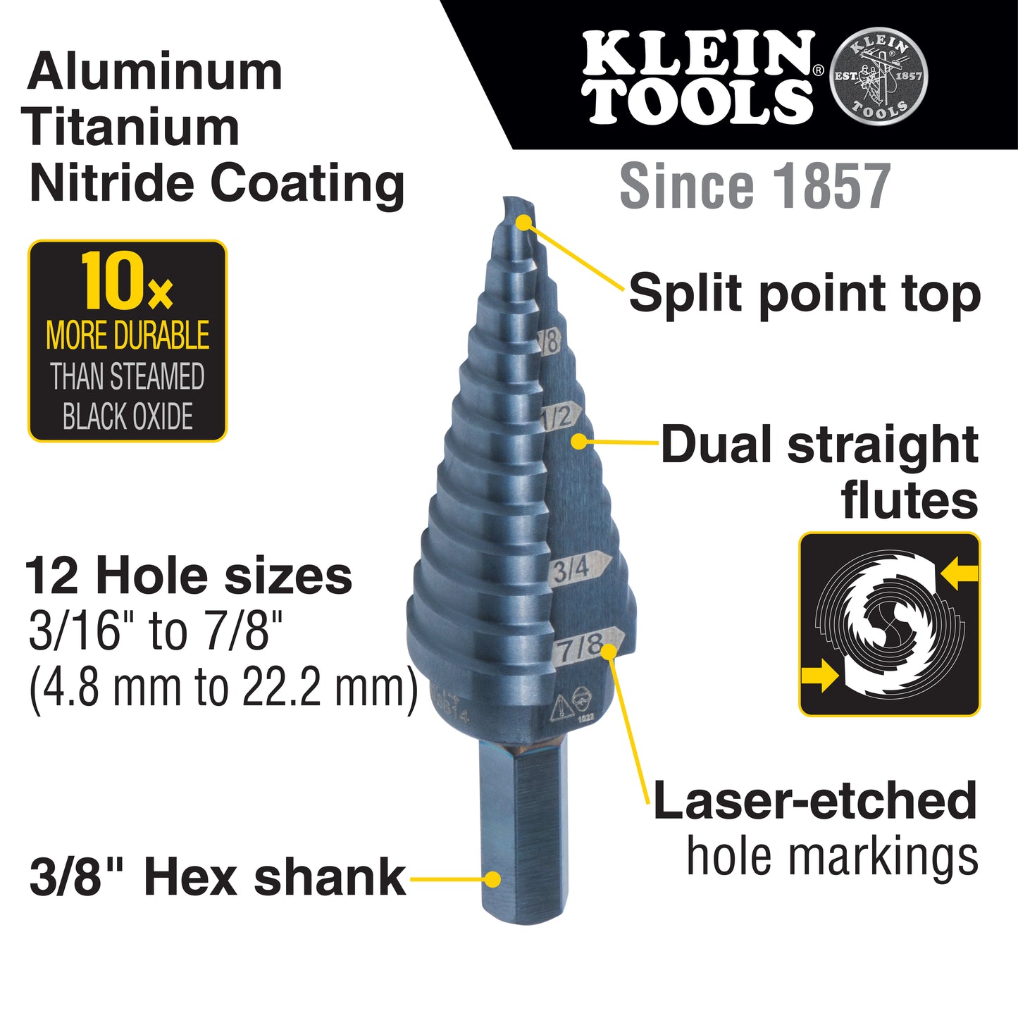Klein Tools KTSB14 12-Step Drill Bit, 3/8-Inch Hex, Double Straight Flute, 3/16-Inch to 7/8-Inch