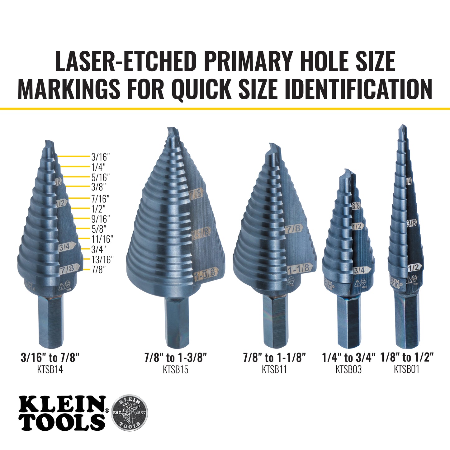 Klein Tools KTSB14 12-Step Drill Bit, 3/8-Inch Hex, Double Straight Flute, 3/16-Inch to 7/8-Inch