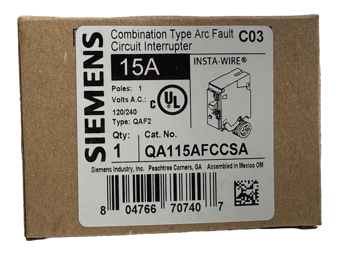 QA115AFCCSA - Siemens 15 Amp Single Pole Arc Fault (AFCI) Breaker