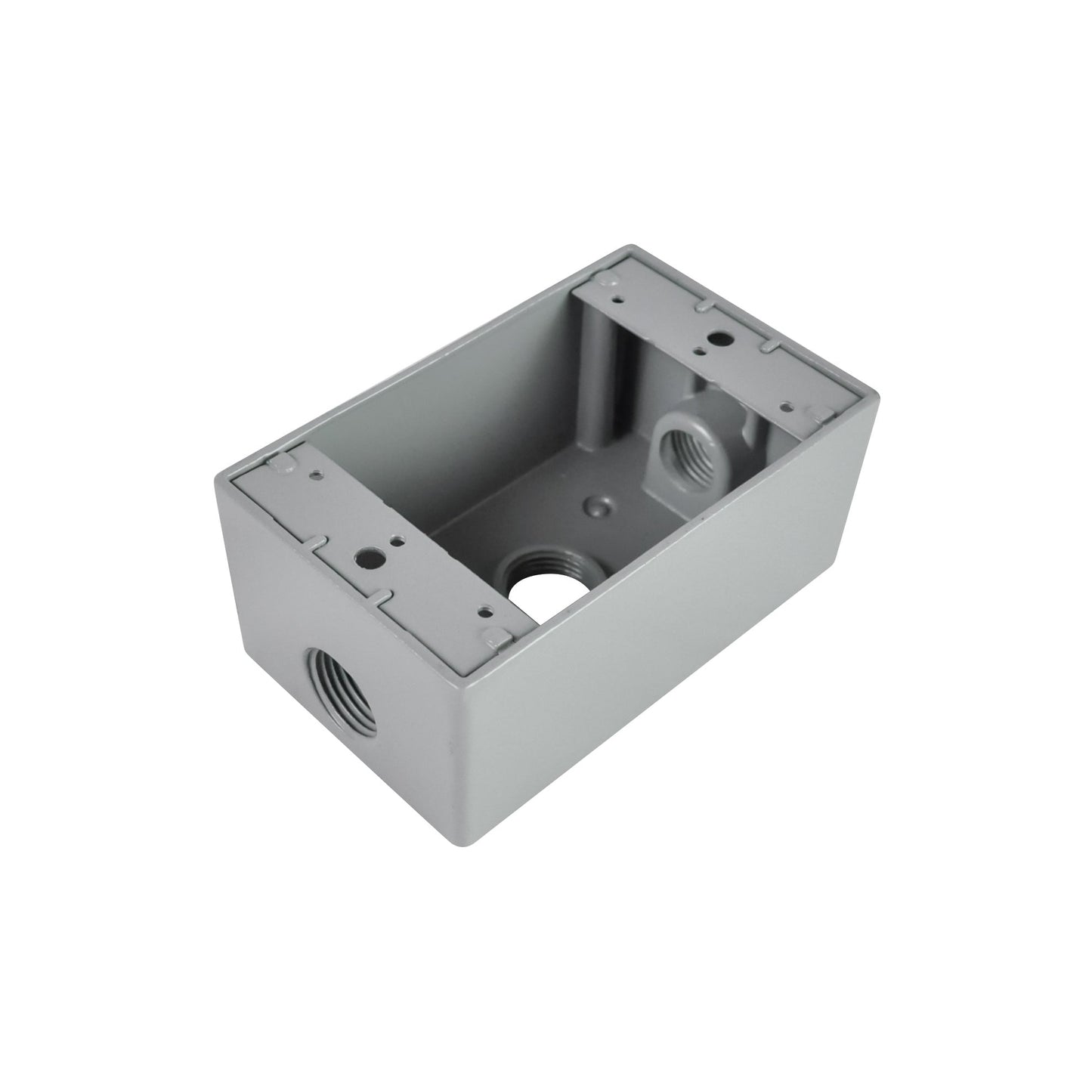Gray rectangular box with threaded holes on a white background, die-cast, weatherproof, 1/2 inch threaded entry