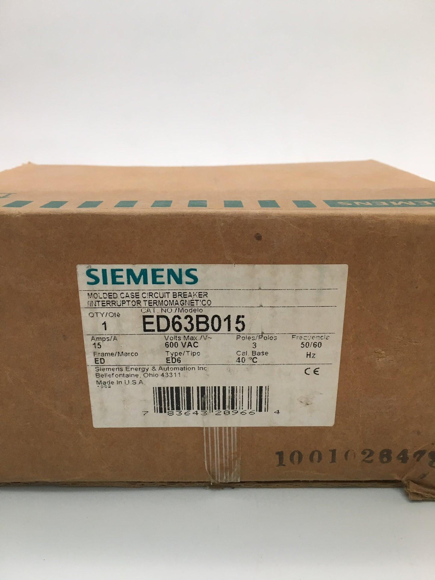 ED63B015 - Siemens Molded Case Circuit Breaker, 3-Pole, 15 Amp