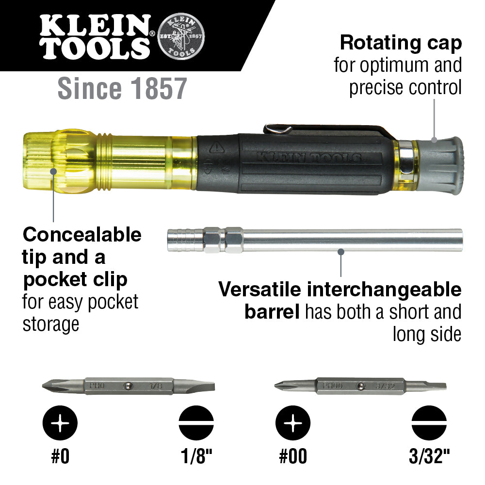 Klein Tools 32614 Multi-Bit Electronics Pocket Screwdriver, 4-in-1, Ph, Sl Bits