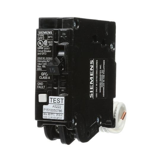 QF115A - Siemens 15 Amp Single Pole GFCI (Ground Fault) Circuit Breaker