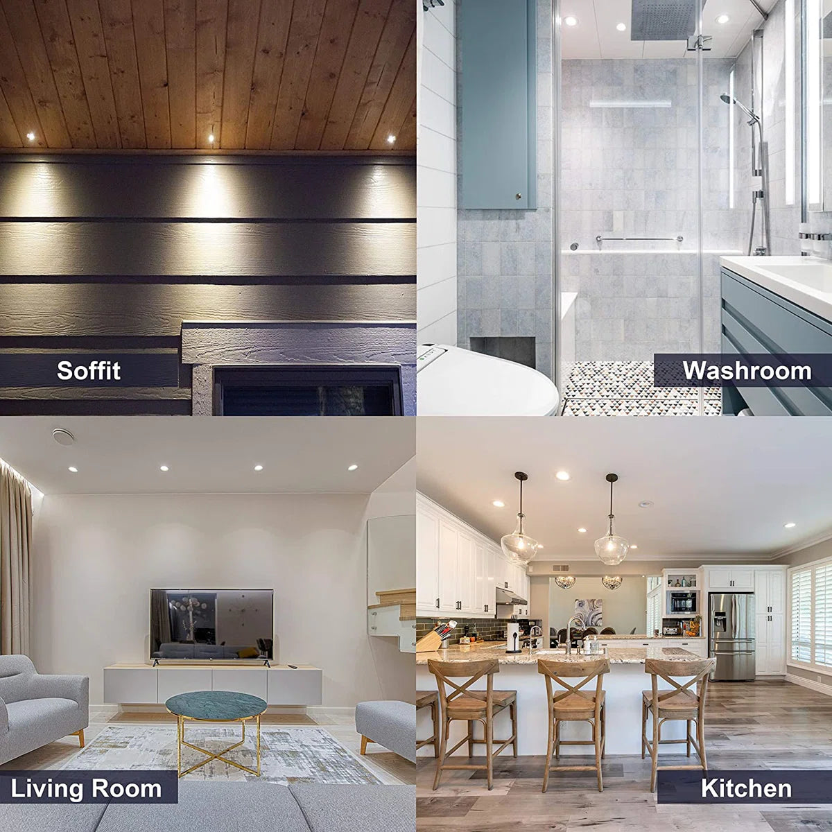 Collage of a living room, kitchen, washroom, and soffit lighting.