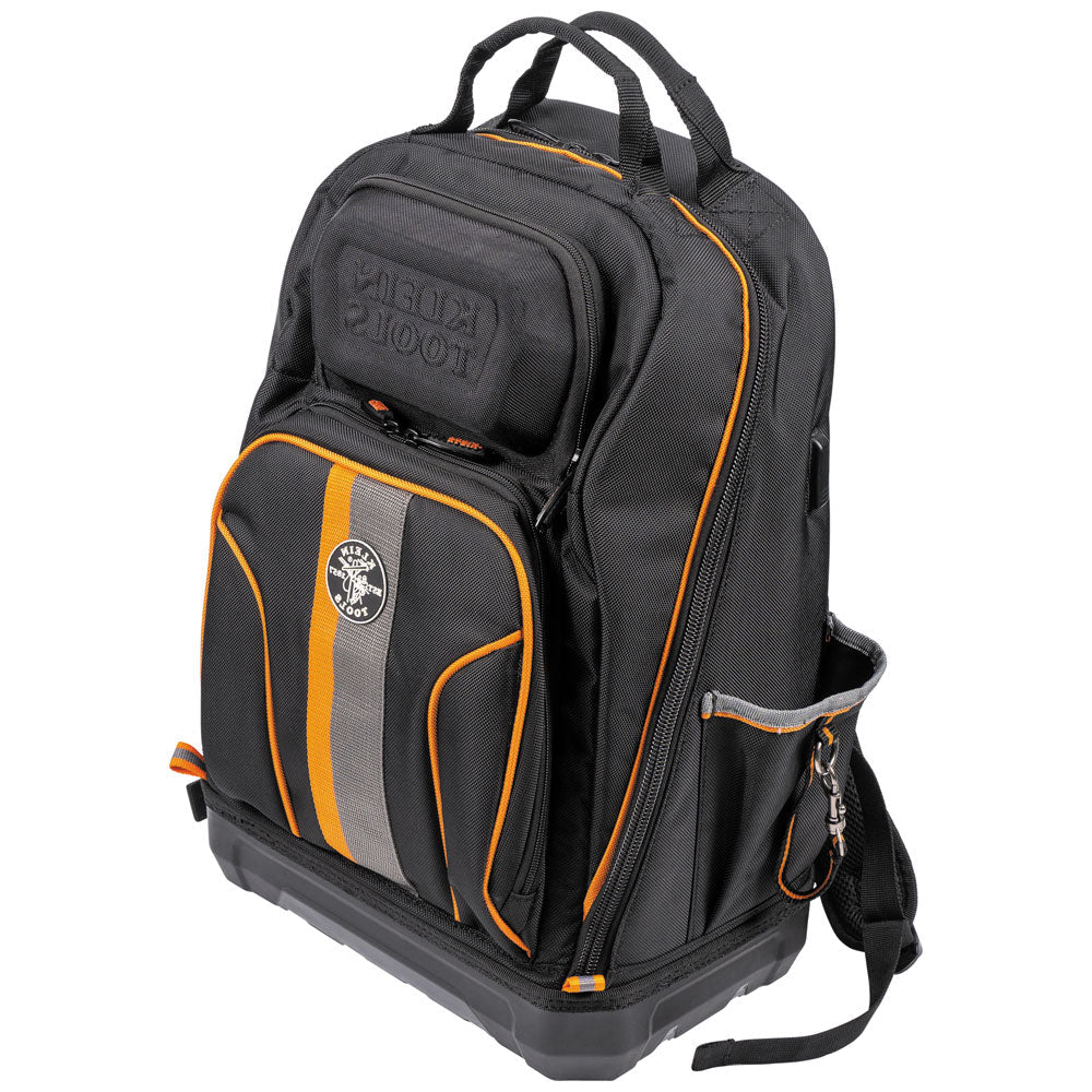 Black tool backpack with orange accents on a white background