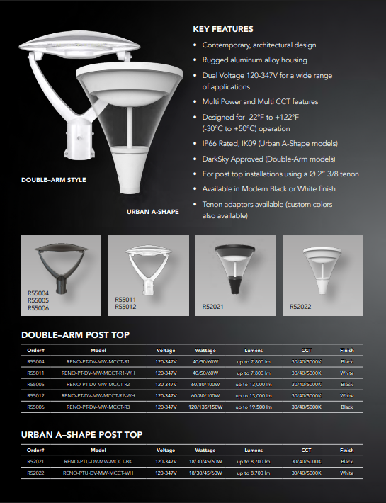 RENO ARCHITECTURAL POST TOP FIXTURE R1 | Selectable Wattage 40/50/60W | Selectable CCT 3000/4000/5000K | 120-347V | Black Finish |