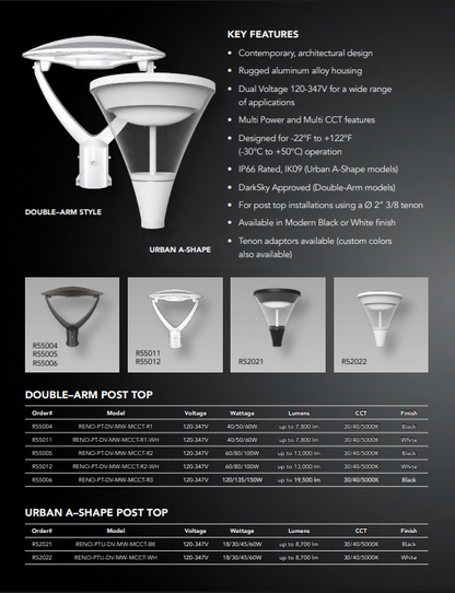 RENO ARCHITECTURAL POST TOP FIXTURE R1 | Selectable Wattage 40/50/60W | Selectable CCT 3000/4000/5000K | 120-347V | Black Finish |