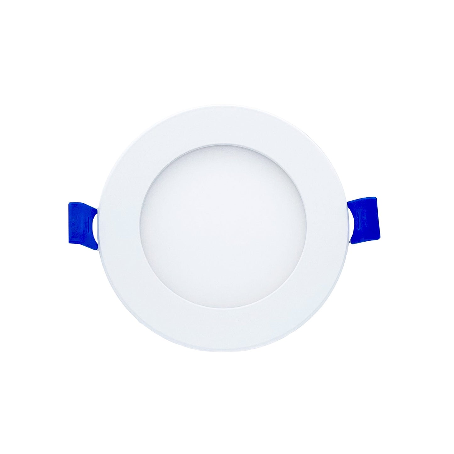 A white 4 inch round LED slim panel light with blue wires, designed for recessed installation in ceiling or wall.