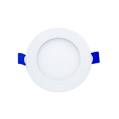 A white 4 inch round LED slim panel light with blue wires, designed for recessed installation in ceiling or wall.