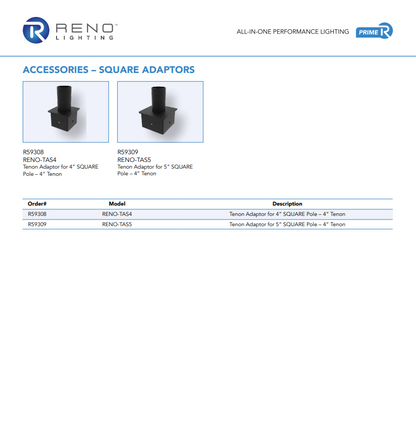 RENO POLE MOUNTING ADAPTORS SERIES Tenon Adaptor |Tenon | Square Pole Mounting