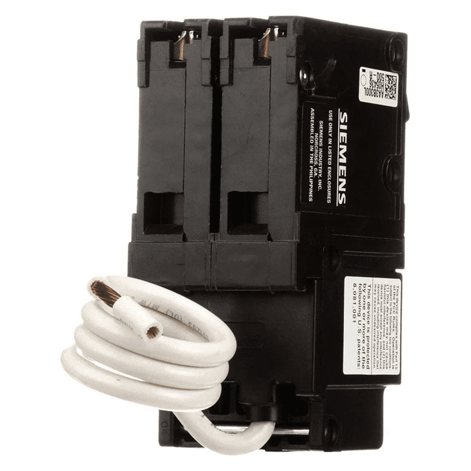 Rear view of Siemens QF215ACSA 15A 2 Pole GFCI breaker showing plug-in terminals and coiled neutral wire for 240V panel installation.