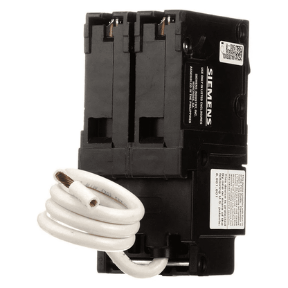 Rear view of Siemens QF215ACSA 15A 2 Pole GFCI breaker showing plug-in terminals and coiled neutral wire for 240V panel installation.