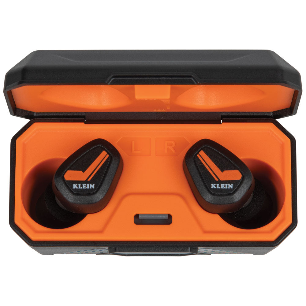 Black Klein tools in an open orange carrying case on a white background
