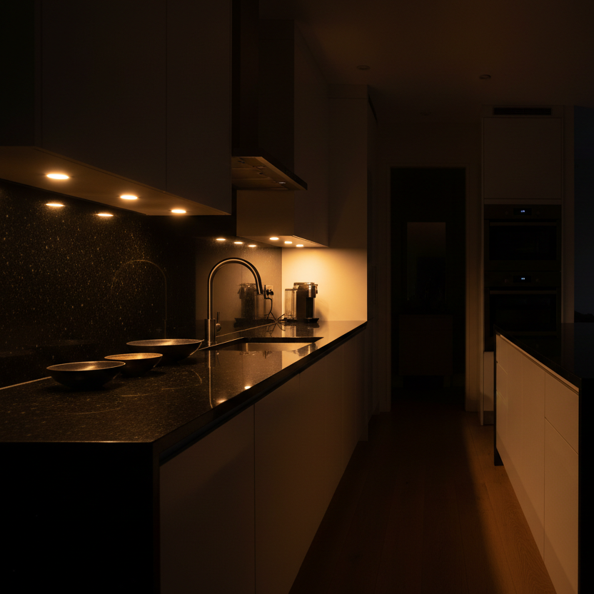 dark kitchen. soft warm glow. 