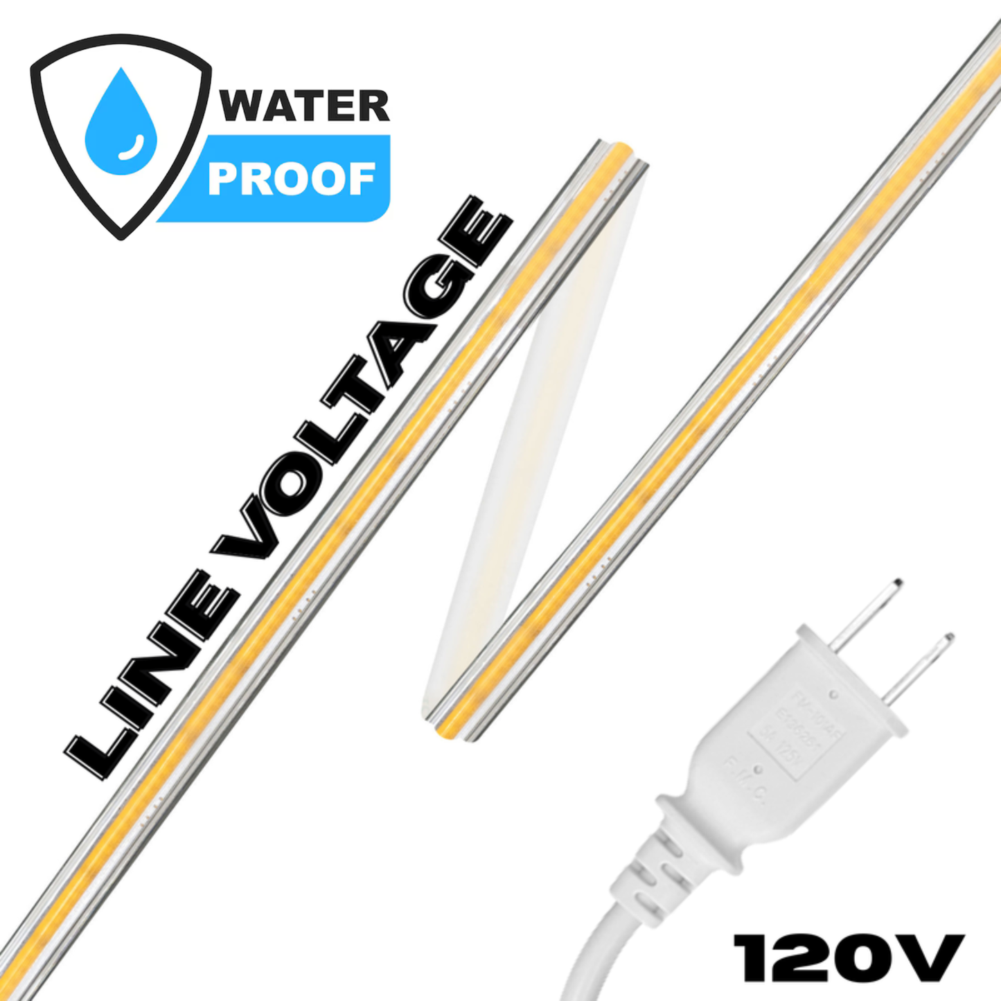 Line Voltage LED COB Tape Light | Waterproof Dot-Free Flexible Strip IP65 120V