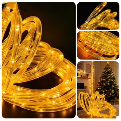 Collage of LED string lights with close-up shots and a Christmas tree setting.