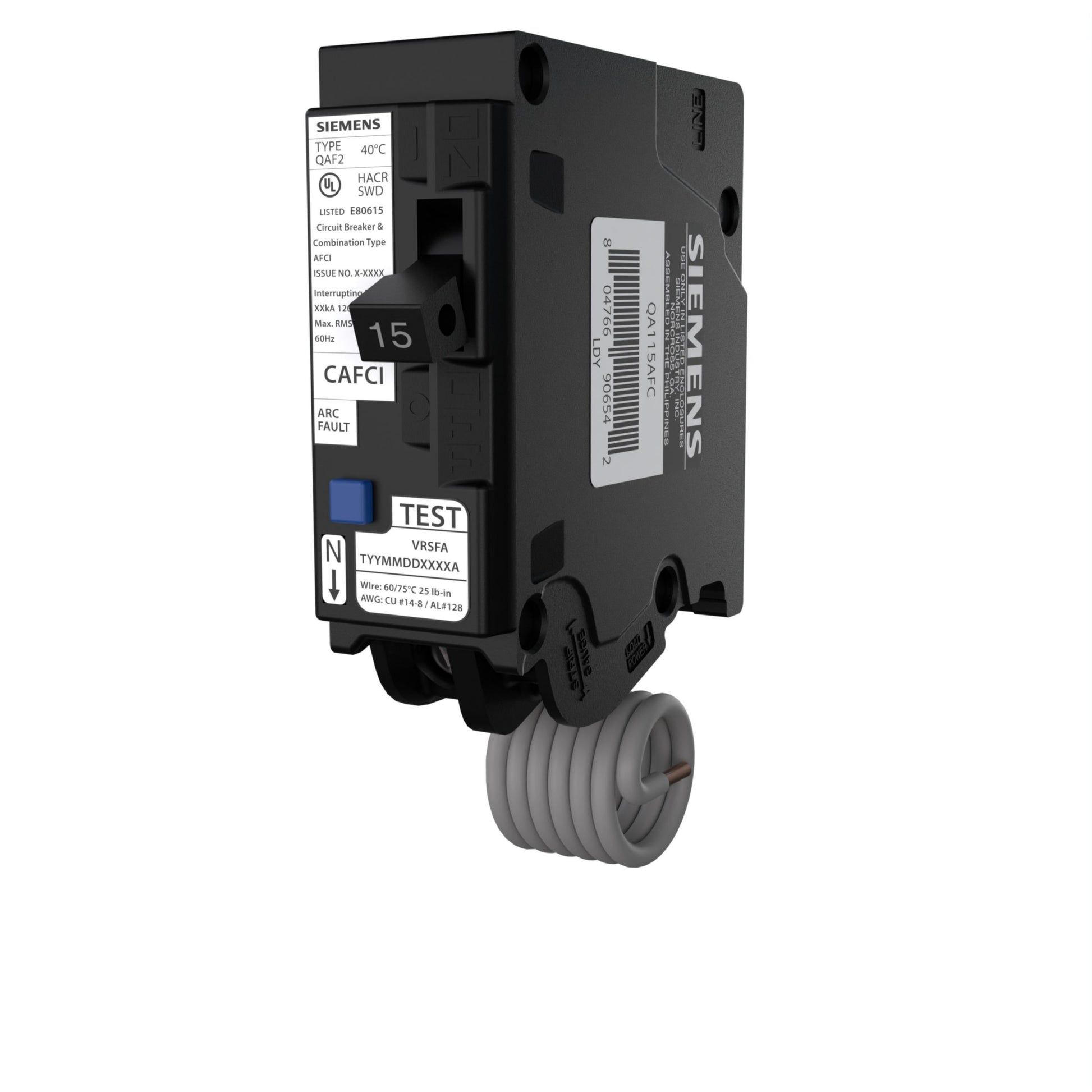 Angled view of Siemens QA115AFCCSA 15 Amp Single Pole AFCI breaker – Siemens arc fault circuit interrupter for residential electrical panels