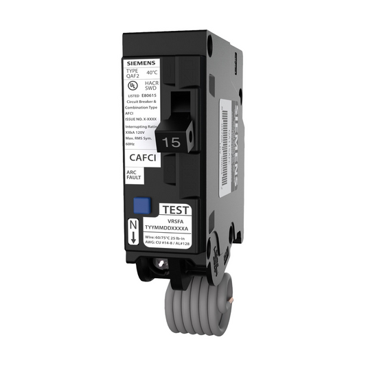 Siemens QA115AFCCSA 15 Amp Single Pole AFCI Breaker, arc fault circuit interrupter for residential electrical panels, Siemens AFCI breaker with 15A protection
